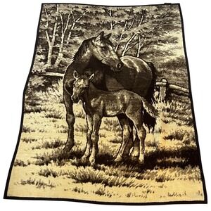 Vintage IBENA Relax Horse Foal Brown Ivory Western Germany Blanket 75x56 Rare